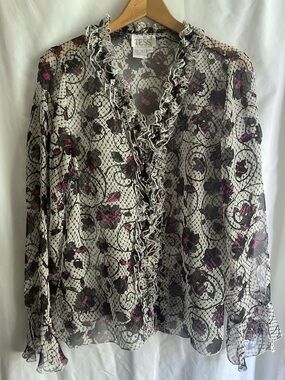 Tess 2000s Whimsygoth Dark Romantic Ruffle Silk Sheer Button Blouse – Size 12